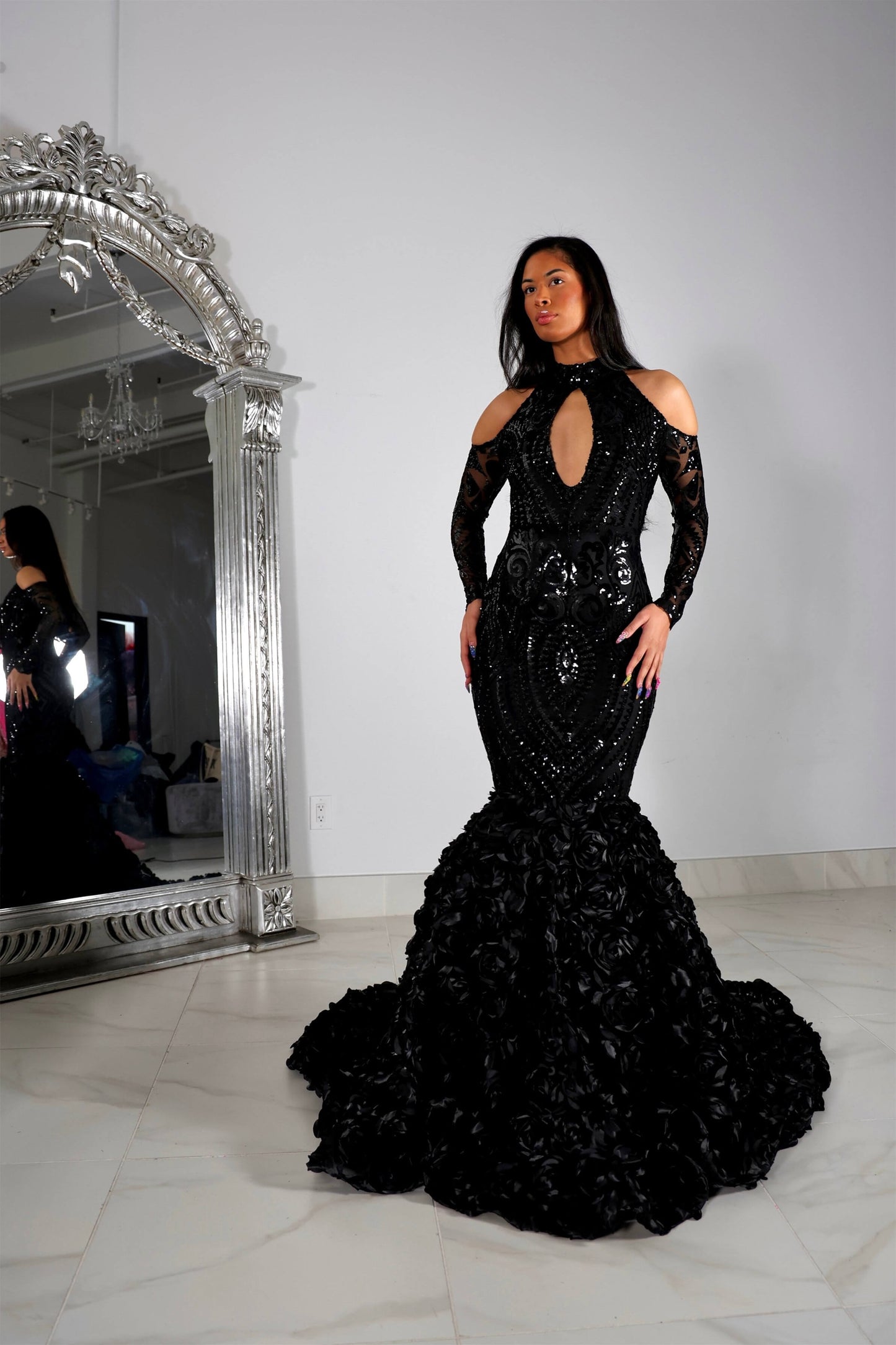 Black High-Neck Prom Dress Mermaid Long Sleeves Appliques with Flowers