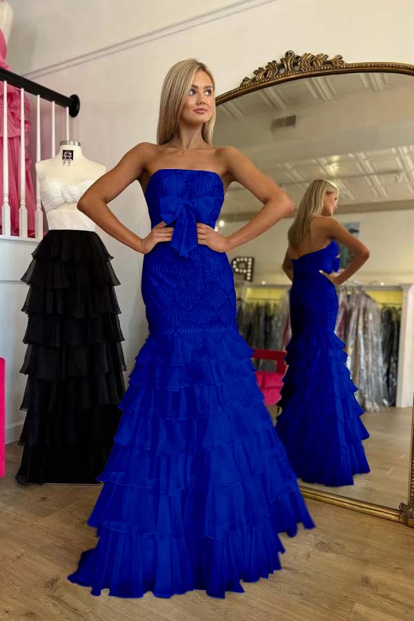 Stunning Strapless Prom Dress Mermaid Ruffles Beading with Bow