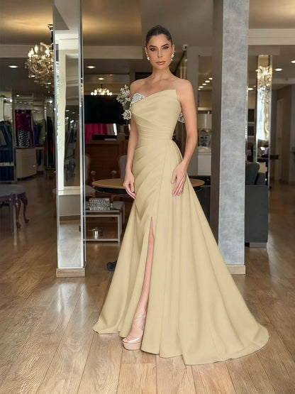 Red Strapless Beaded Pleated Long Prom Dress