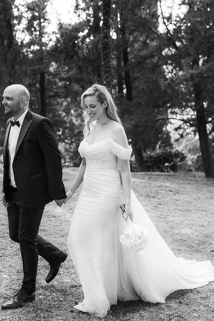 Sparkly Sheath Off the Shoulder Sequins Wedding Dress