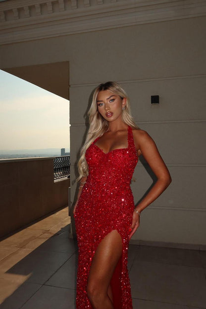 Sweetheart Sleeveless Fully Sequined Beaded Mermaid Prom Dress with High Slit