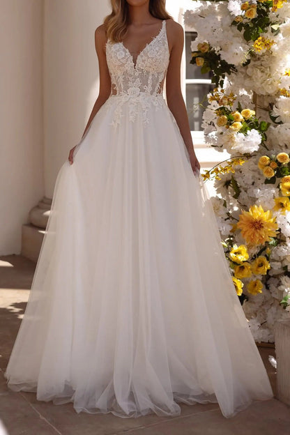 V-Neck Sleeveless A-Line Wedding Dress Tulle With Appliques