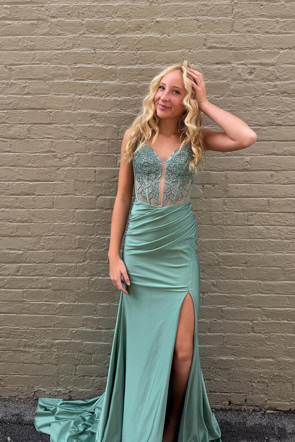 Cute Mermaid V Neck Sage Green Satin Prom Dress with Appliques