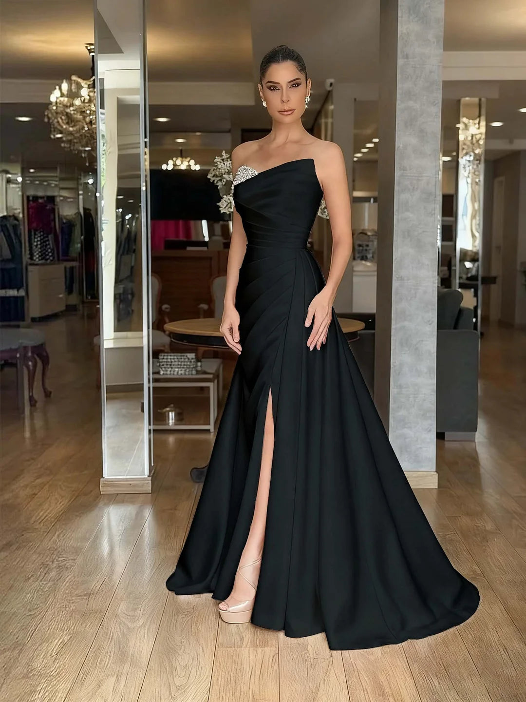 Red Strapless Beaded Pleated Long Prom Dress