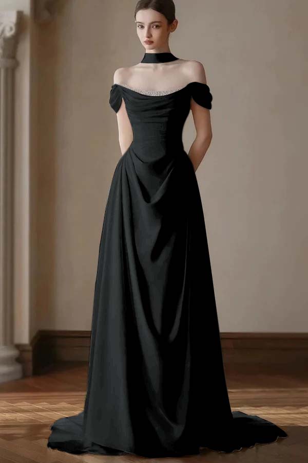 Elegant Off-the-Shoulder Prom Dress Pleated A-Line with Beaded