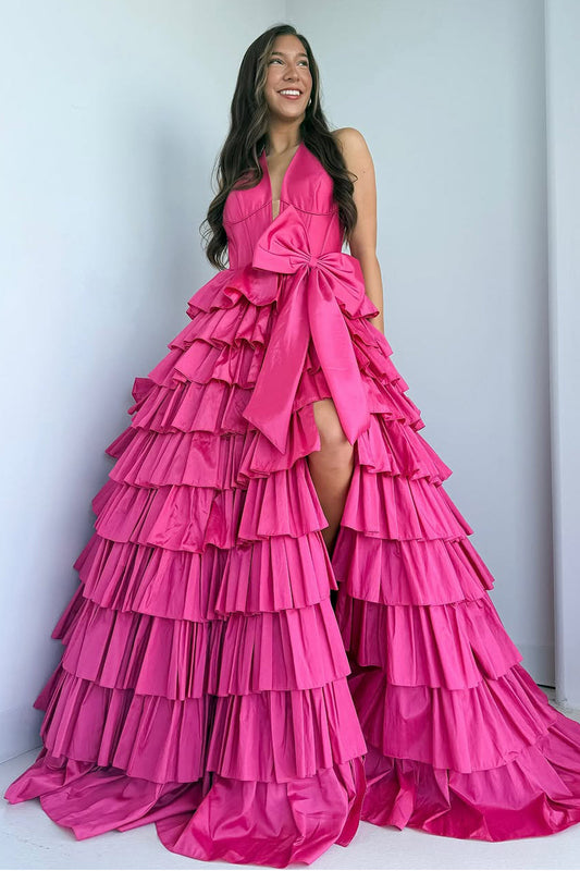 Ball Gown Halter Fuchsia Satin Ruffle Tiered Long Prom Dress