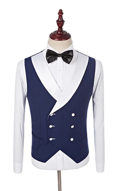 One Button Navy Blue Fashion Slim Fit Three Pieces White Shawl Lapel