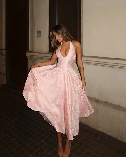 Glamorous Satin Halter Deep V-Neck Strapless Sleeveless Long A-Line Prom Dress