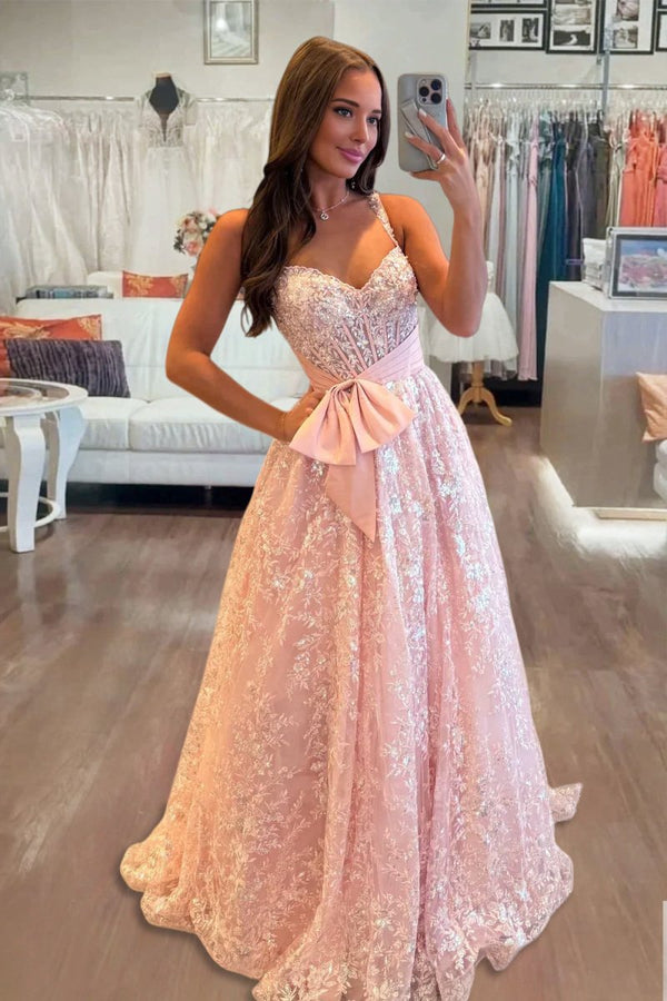 Sparkly A-Line Pink Corset Sequin Lace Long Prom Dress