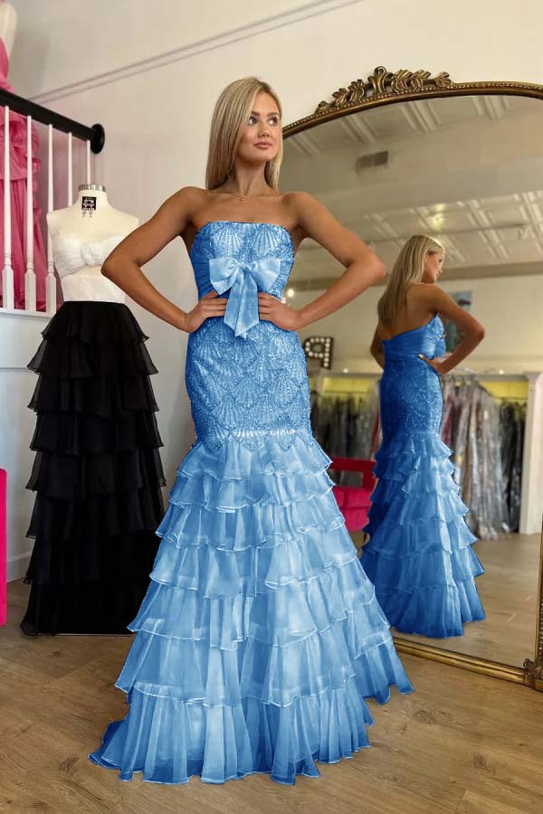 Stunning Strapless Prom Dress Mermaid Ruffles Beading with Bow
