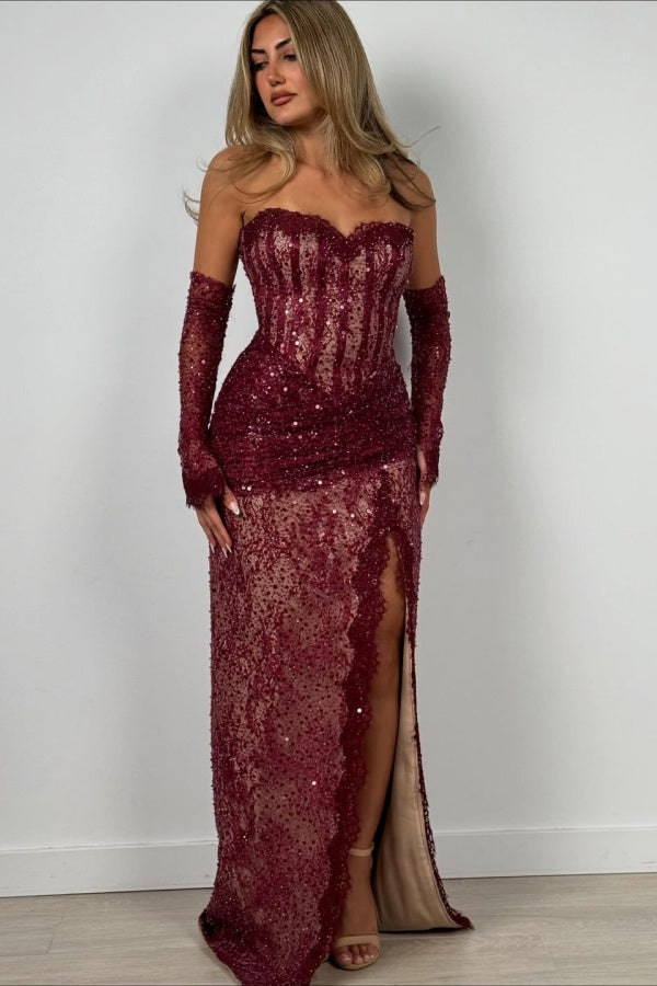Enchanting Burgundy Sweetheart Prom Dress Sequins Lace with Split