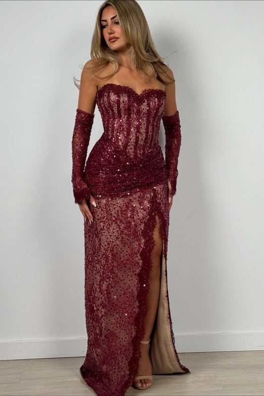 Enchanting Burgundy Sweetheart Prom Dress Sequins Lace with Split