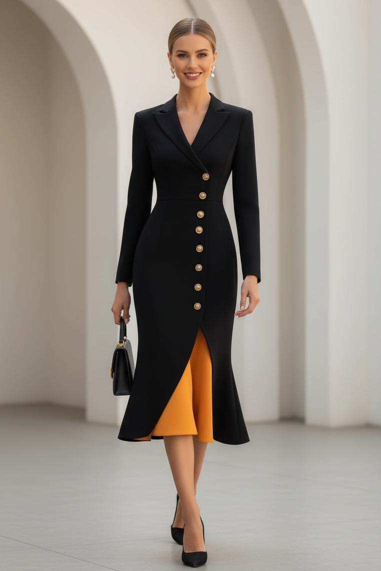 Button-Front Blazer Midi Dress