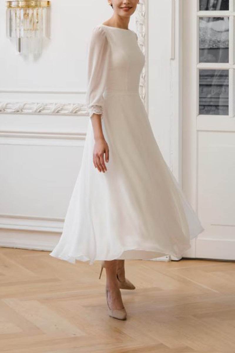 A-Line Tea Length Lace Chiffon Little White Dress