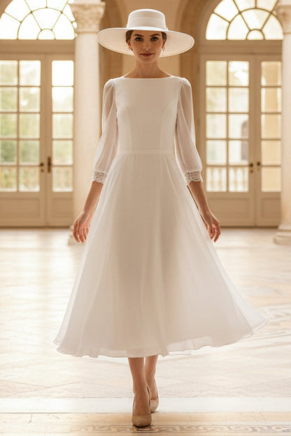 A-Line Tea Length Lace Chiffon Little White Dress