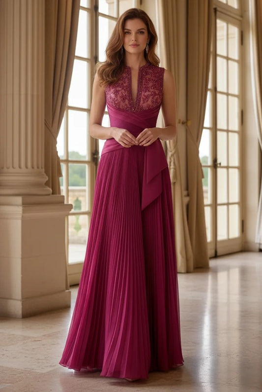 Beaded Illusion Bodice Pleated A-Line Evening Gown