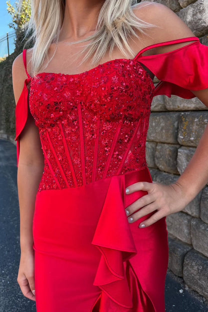 Bateau-Neck Satin Pleated Long Party Gowns Off-Shoulder Sequined Applique Mermaid Prom Dress