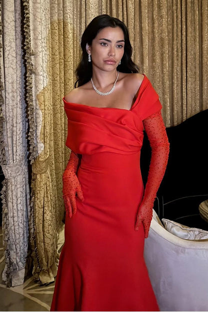 Strapless Off the Shoulder Long Mermaid Prom Dress With Gloves Pleated