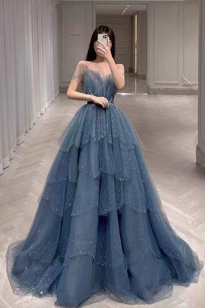 Gorgeous Blue Sparkly Tulle Beaded Prom Dress