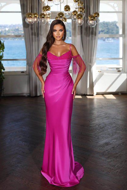 Charming Fuchsia Prom Dress Spaghetti Strap With Pleated Tassel Sequins