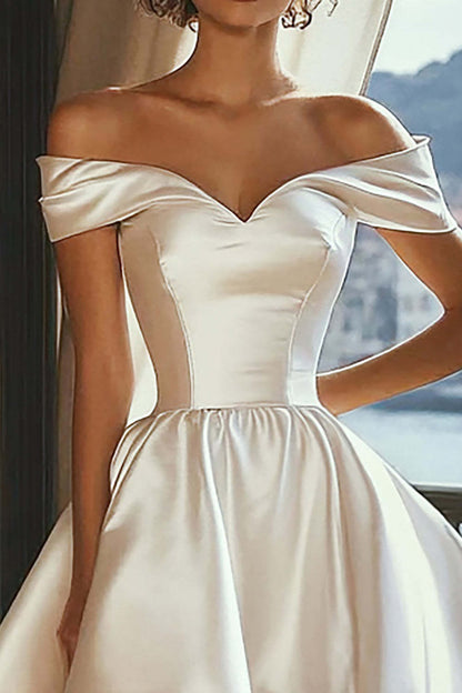 A Line High Low White Wedding Dress Off The Shoulder Satin Bridal Gown