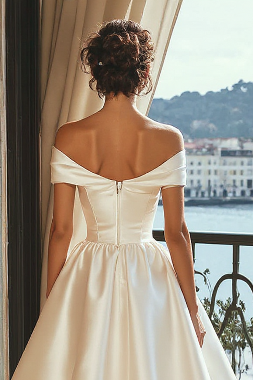 A Line High Low White Wedding Dress Off The Shoulder Satin Bridal Gown
