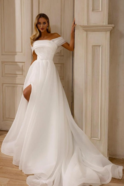 A Line Chiffon Tulle Off The Shoulder Sleeveless White Wedding Dress Bridal Gown With Split Front