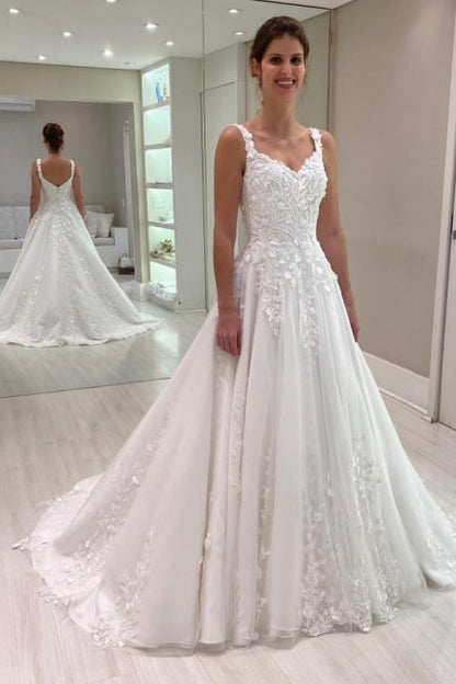 A Line Lace Sweetheart Sleeveless White Wedding Dress Bridal Gown With Appliques