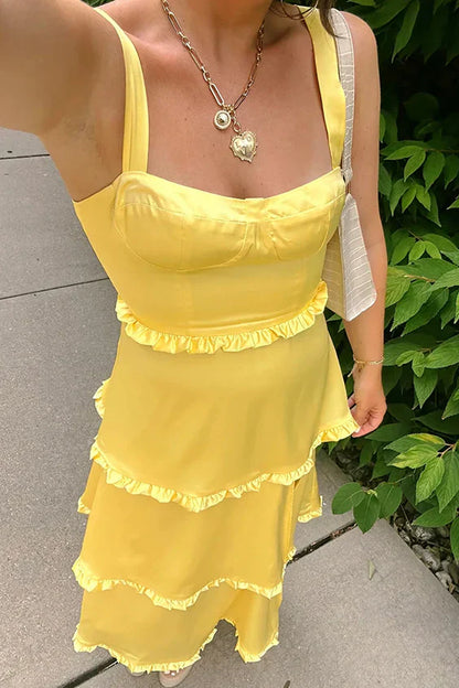 A-Line Orange Prom Dress Tiered Ruffles Straps Satin Sleeveless