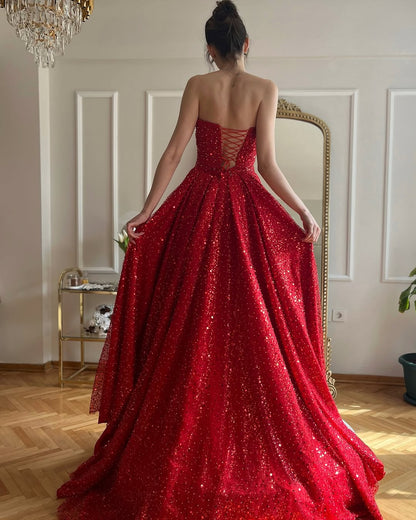 A Line Strapless Red Sequin Prom Dress Long Evneing Gown