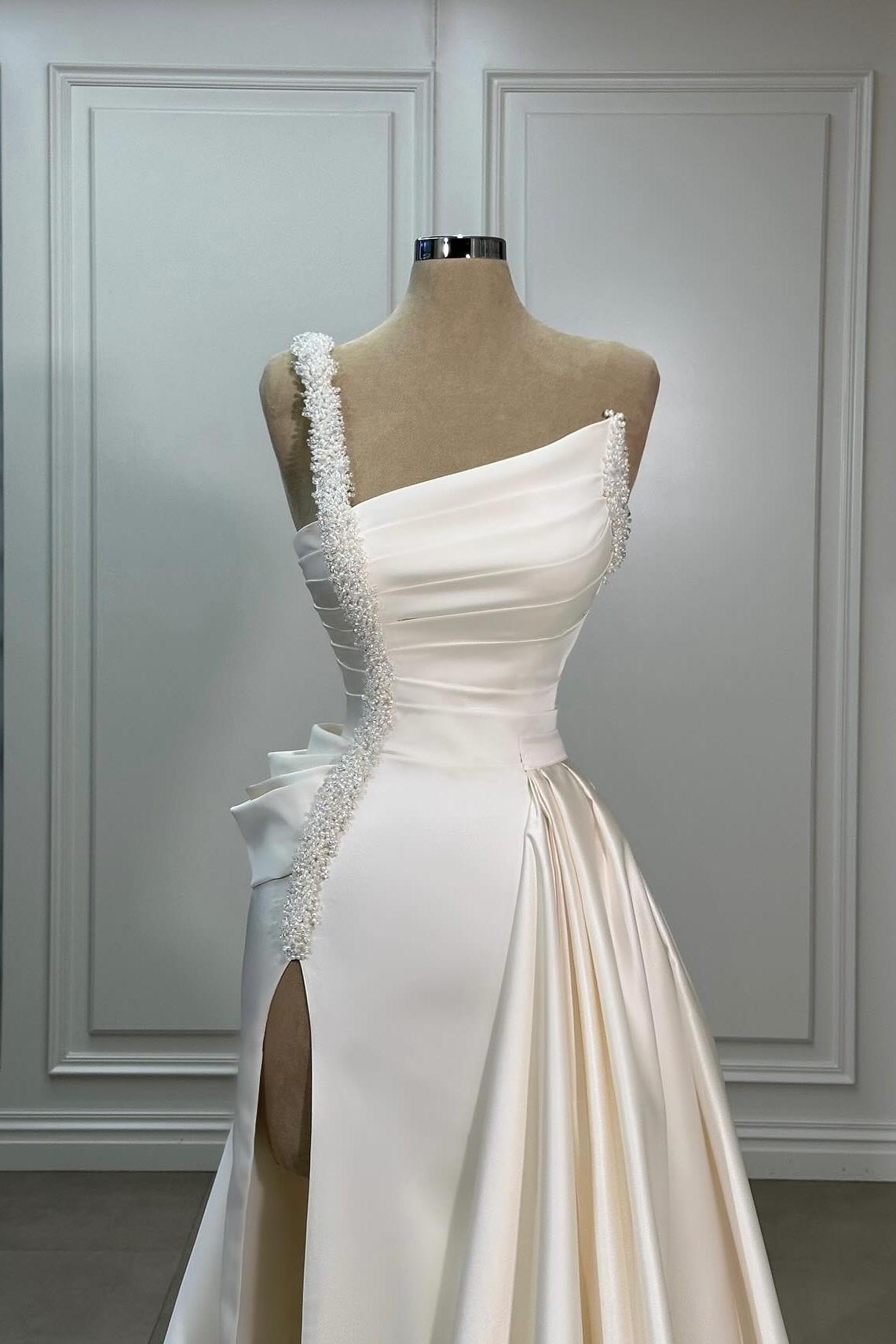 A Line Wedding Dress Satin One Shoulder Sleeveless Bridal Gown With Panel Train