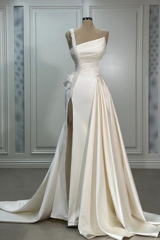 A Line Wedding Dress Satin One Shoulder Sleeveless Bridal Gown With Panel Train