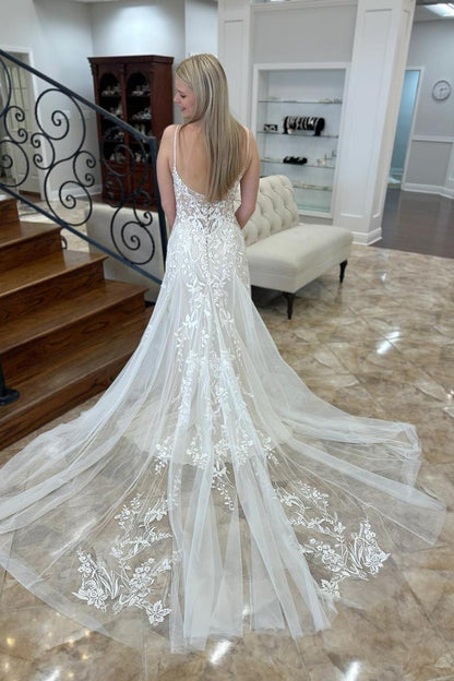 A Line Wedding Dress V Neck Sleeveless Appliques Lace Train Bridal Gown