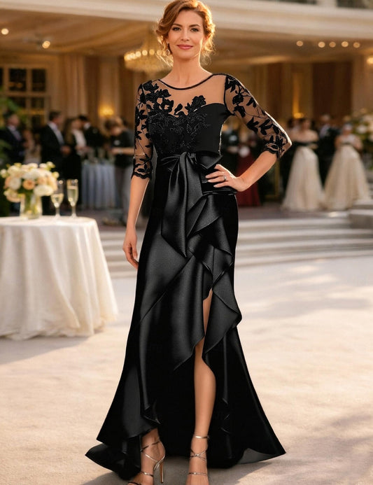 Black Lace 3/4 Sleeve Mermaid Ruffles Side Slit Evening Dress