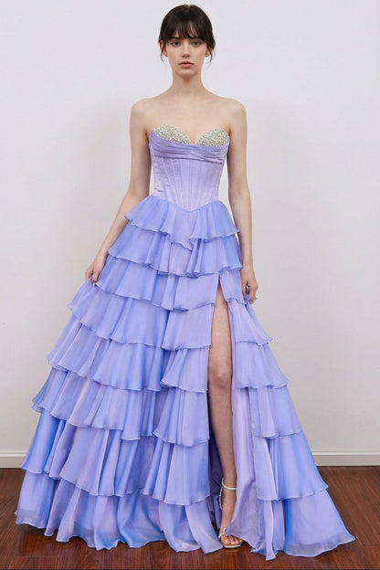 A-Line Beading Sweetheart Strapless Empire Tiered Long Prom Dress