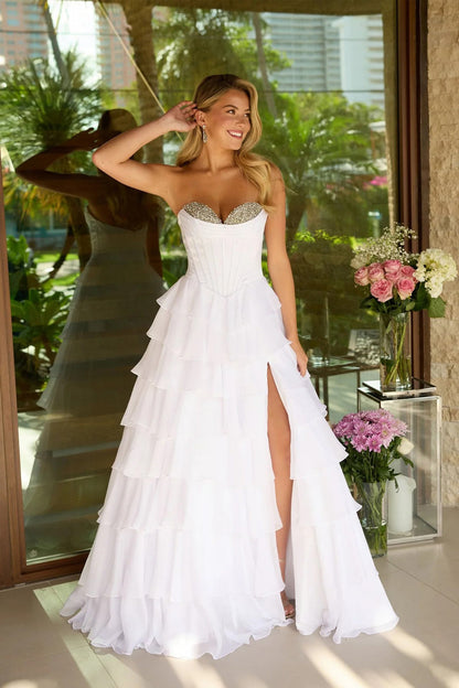 A-Line Beading Sweetheart Strapless Empire Tiered Long Prom Dress