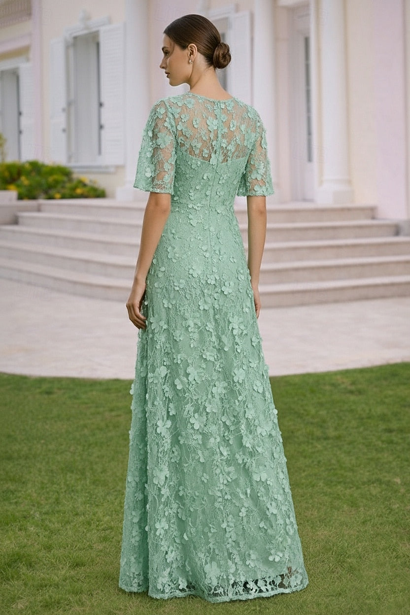 Half Sleeve A-Line Floor-Llength Applique Evening Dress