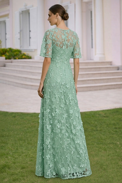 Half Sleeve A-Line Floor-Llength Applique Evening Dress