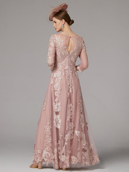 Applique 3/4 Sleeve A-Line Tulle Elegant Formal Women Evening Dress