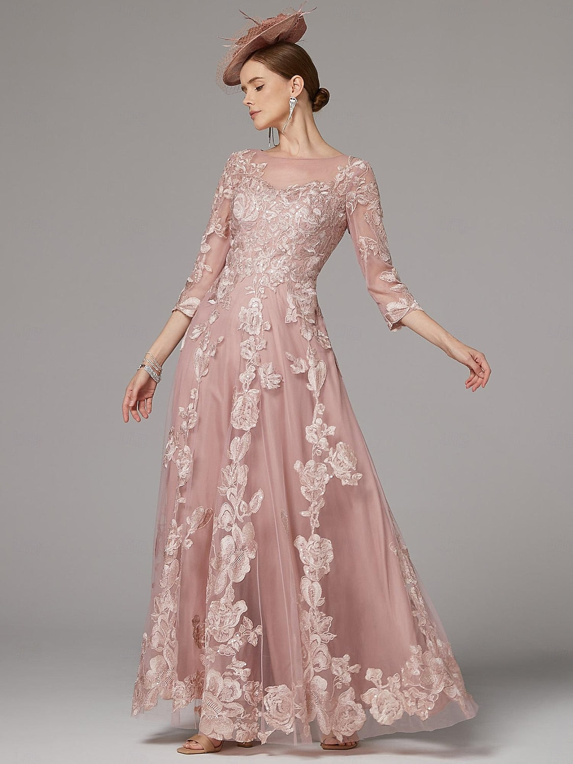 Applique 3/4 Sleeve A-Line Tulle Elegant Formal Women Evening Dress