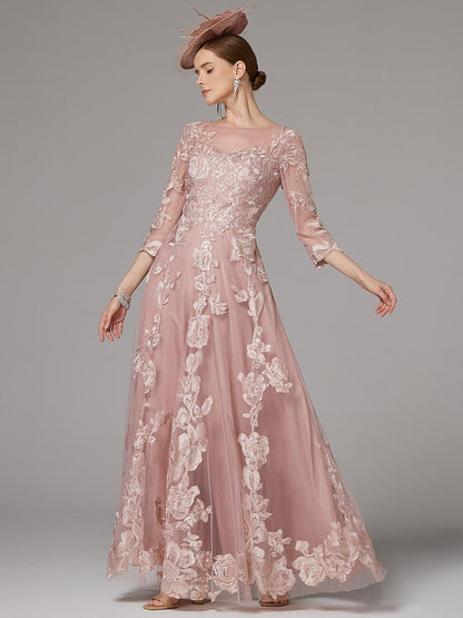 Applique 3/4 Sleeve A-Line Tulle Elegant Formal Women Evening Dress