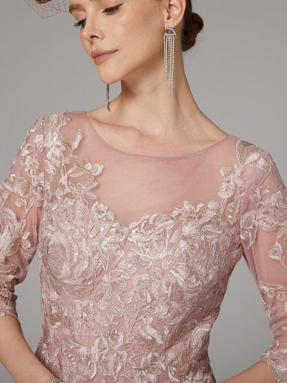 Applique 3/4 Sleeve A-Line Tulle Elegant Formal Women Evening Dress