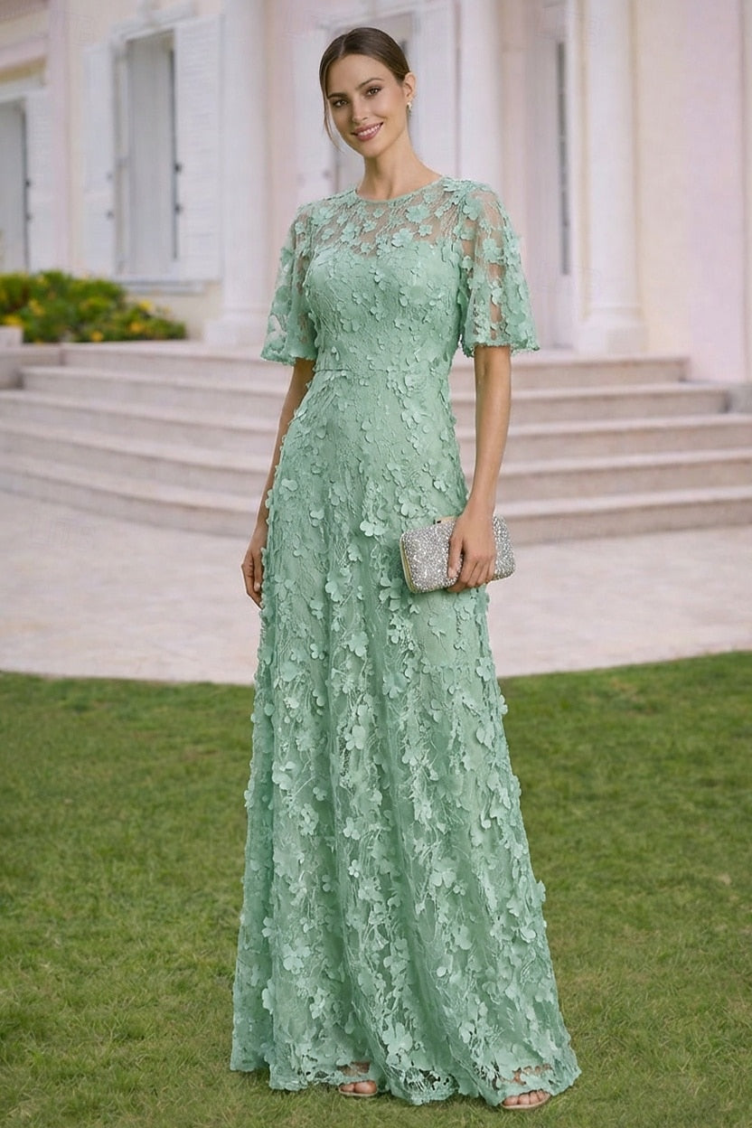 Half Sleeve A-Line Floor-Llength Applique Evening Dress