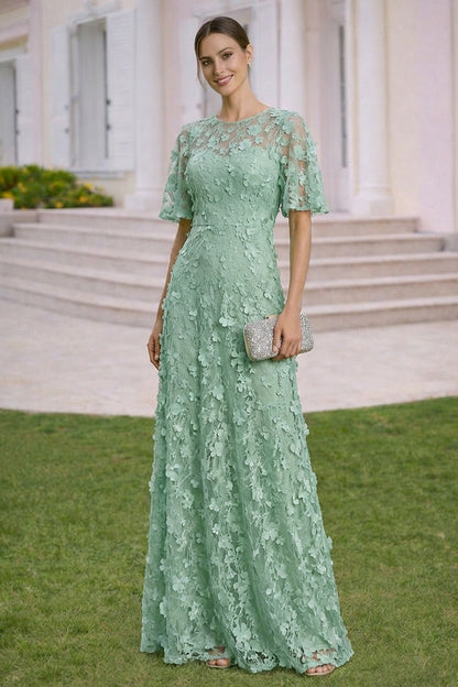 Half Sleeve A-Line Floor-Llength Applique Evening Dress