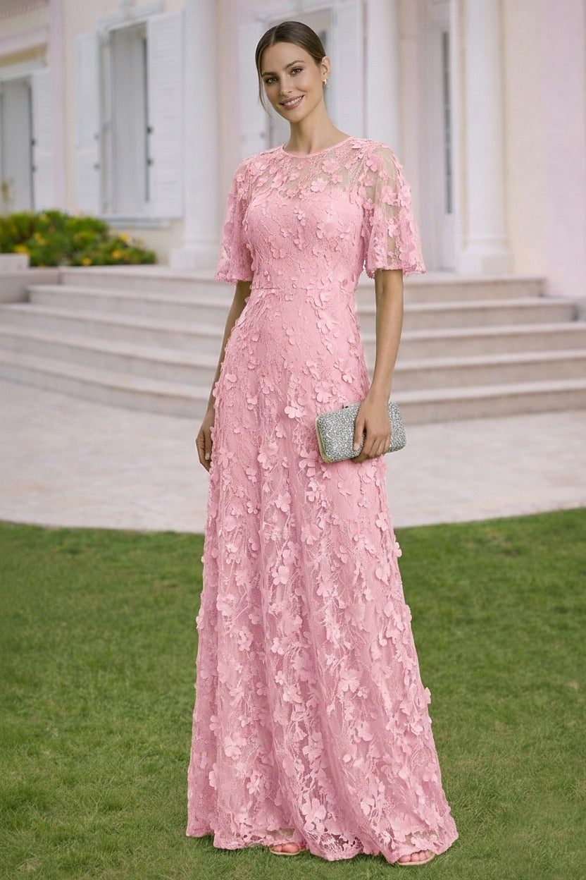 Half Sleeve A-Line Floor-Llength Applique Evening Dress