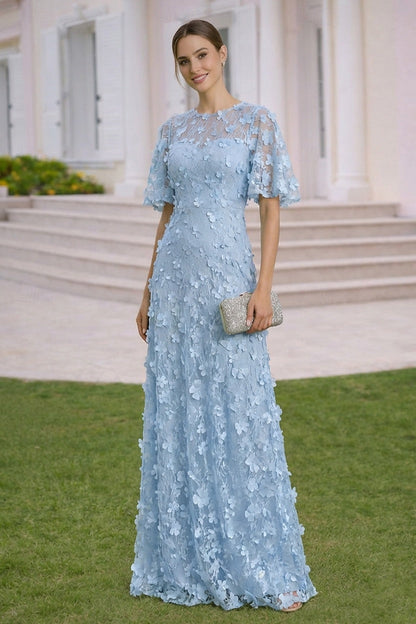 Half Sleeve A-Line Floor-Llength Applique Evening Dress