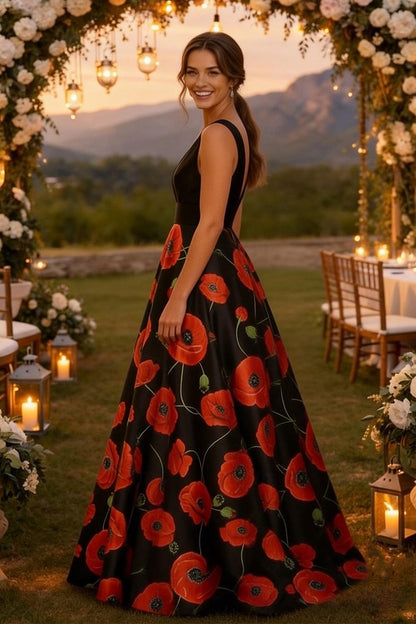 V-Neck Sleeveless Flowers Floral Print A-Line Women Evening Dress