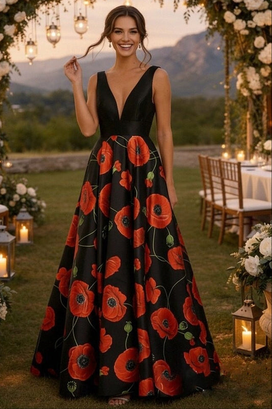 V-Neck Sleeveless Flowers Floral Print A-Line Women Evening Dress