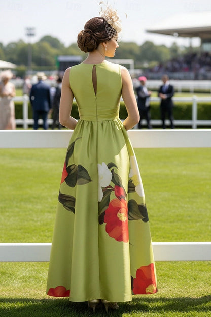 Green Halter Floral Print Sleeveless A-Line Ankle-Length Evening Dress