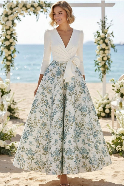 V-Neck 3/4 Sleeve A-Line Flowers Floral Print Ankle-Length Evening Dress